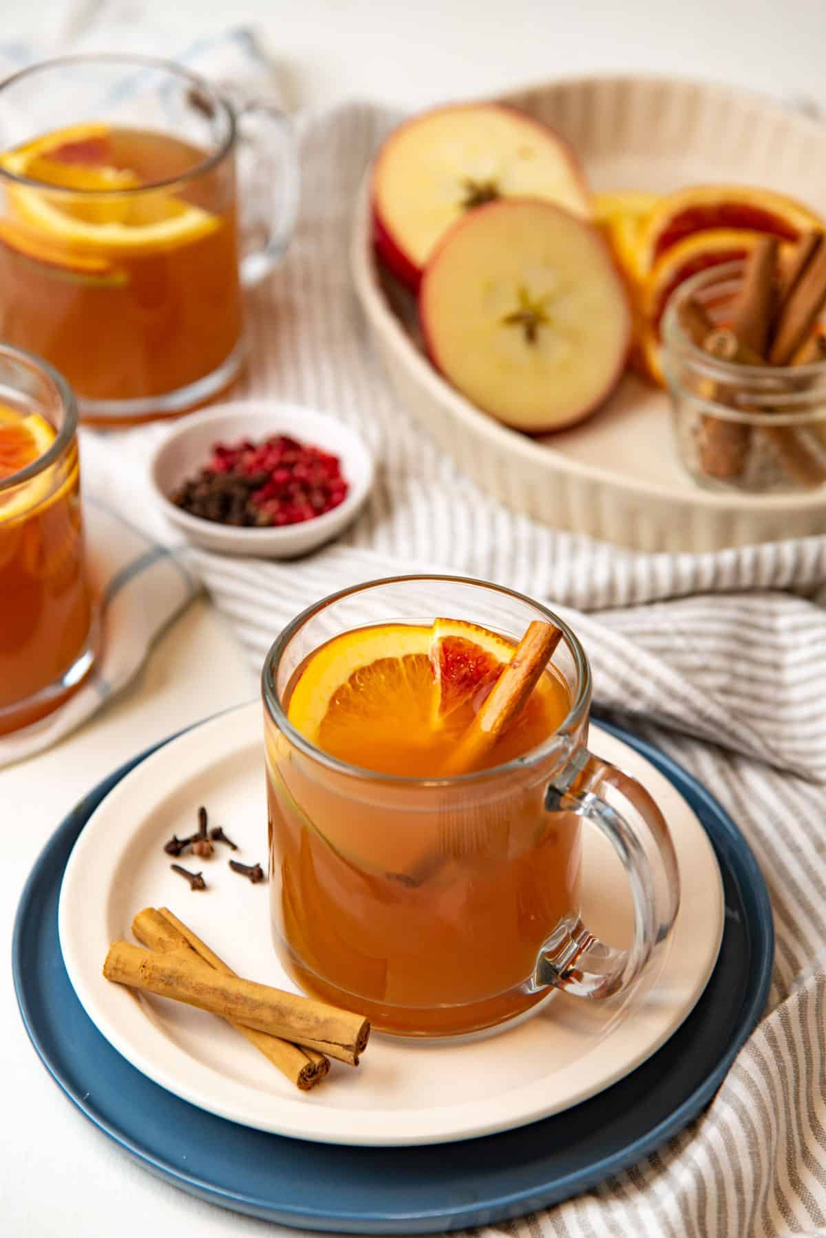 A cinnamon stick placed in a mug of mulled apple cider.