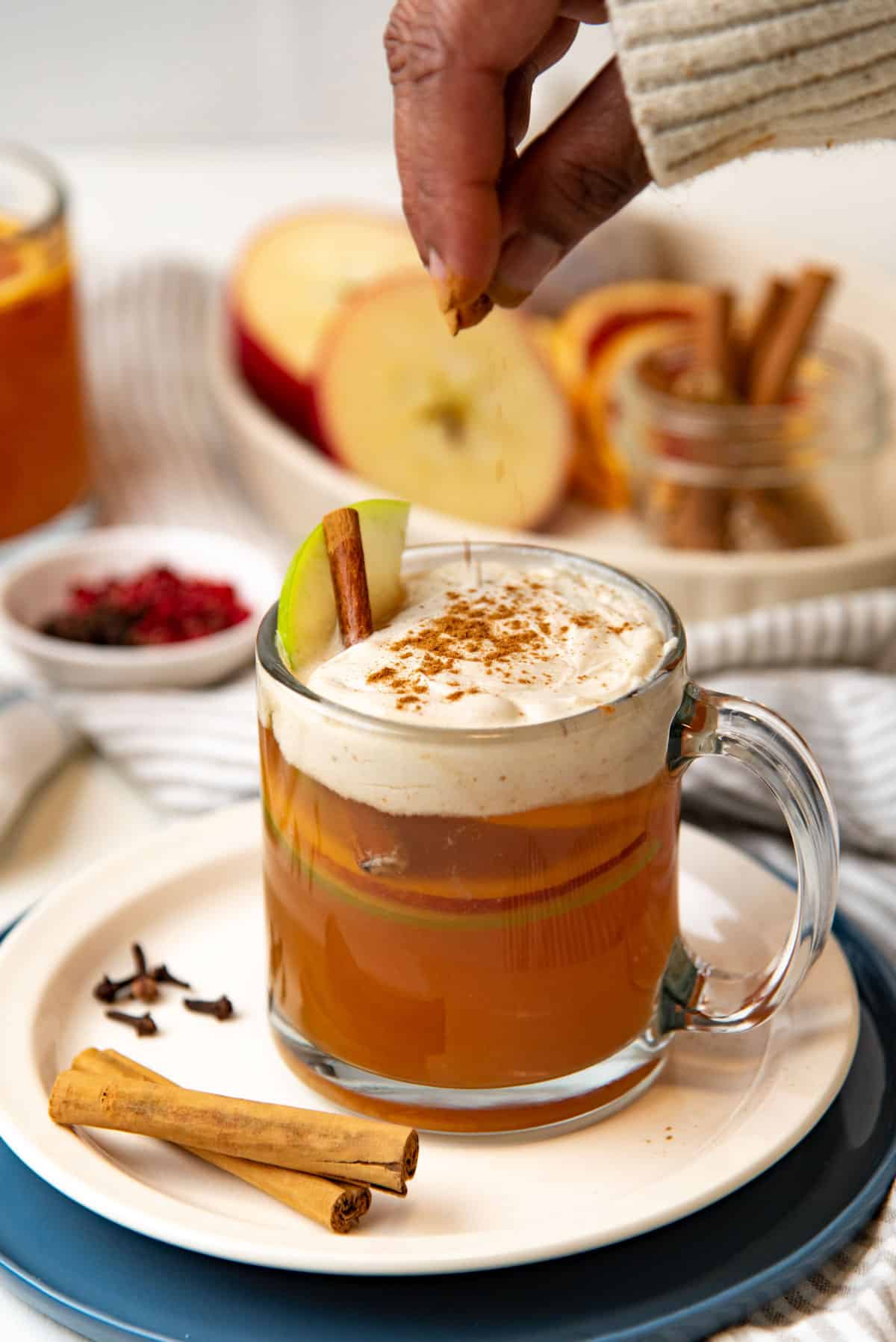 Sprinkling cinnamon on top of whipped cream topped warm apple cider.