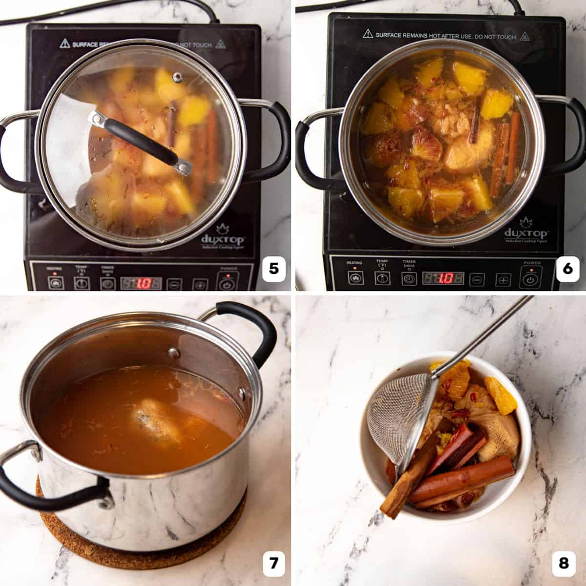 Collage of images of simmering spiced apple cider and straining the spices.