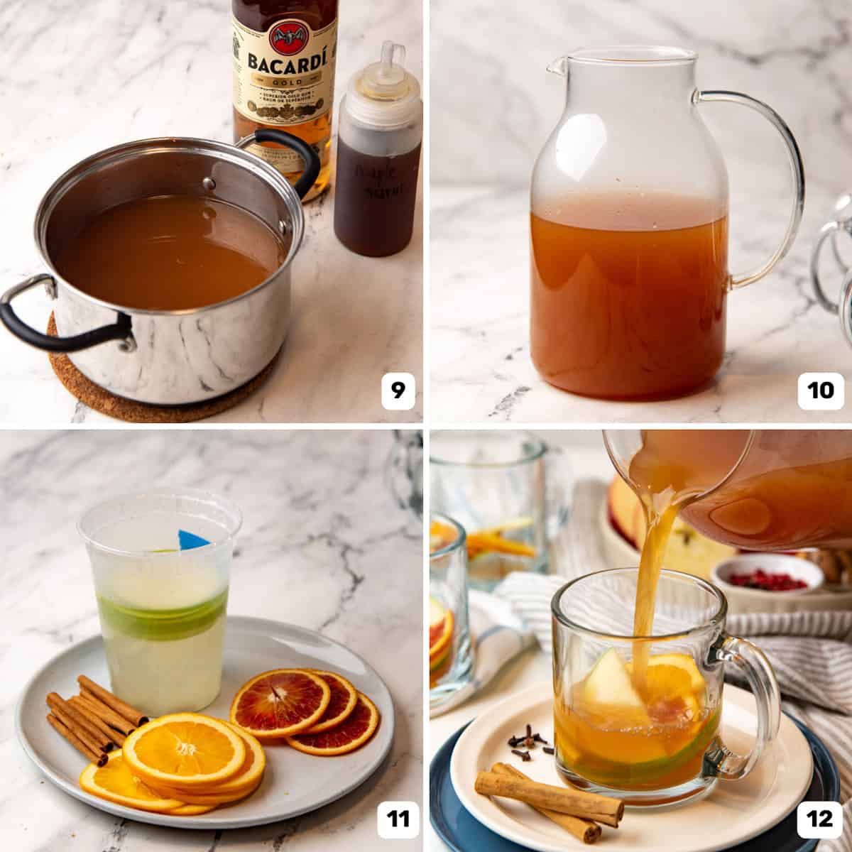 Collage of images of adding alcohol and preparing garnishes to serve warm apple cider in a mug.
