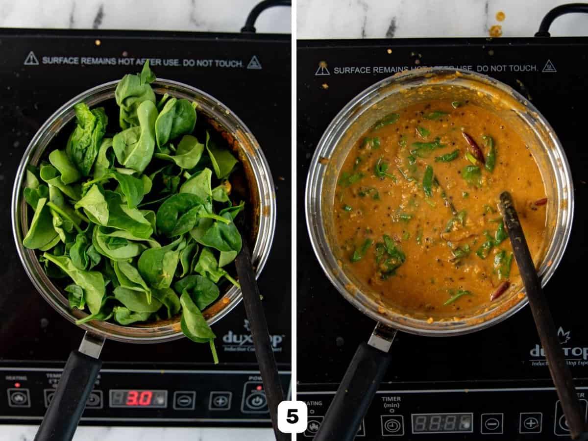 Adding fresh spinach to cooked dhal curry, and after the spinach has wilted and mixed in with the curry.