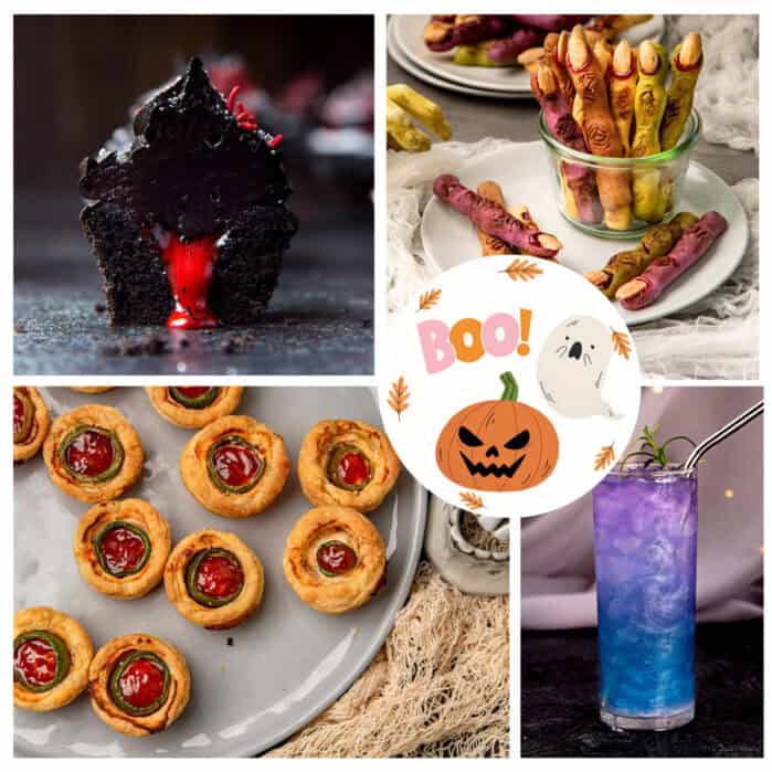 Desserts, appetizers and cocktails for a fun Halloween party.
