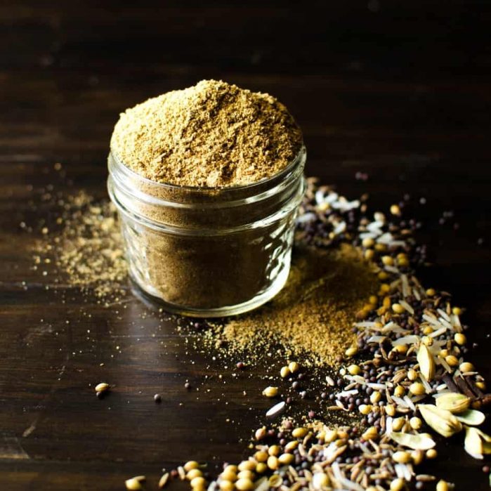 Roasted curry powder in a small glass jar with all the whole spices used to make it in front of it.