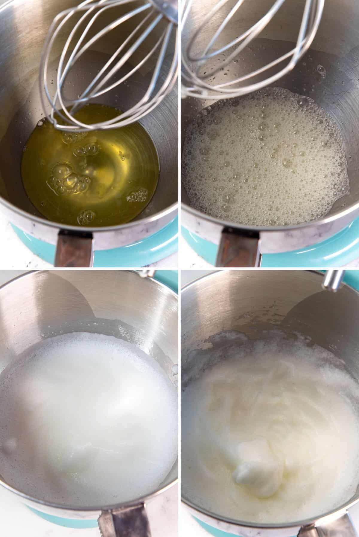 An image gallery showing the stages of egg whites when whisking to soft peaks, for when to add sugar to make meringue. From the top, the fresh egg whites in the first image, second image shows egg whites whisked to form larger bubbles. The third shows the egg whites that have transformed into smaller, more finer bubbles, but are still soft and liquid and the final image shows egg whites forming a fine foam, with the form thickened and capable of holding soft shapes.