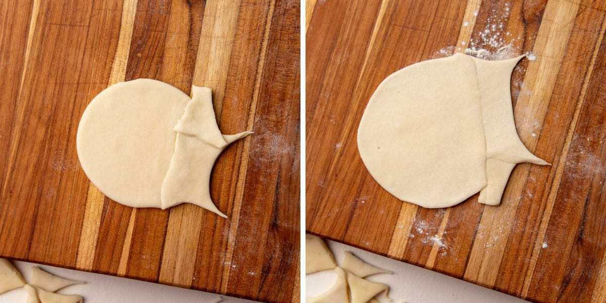 Sticking scrap pastry pieces together with water to create larger pastry circles.