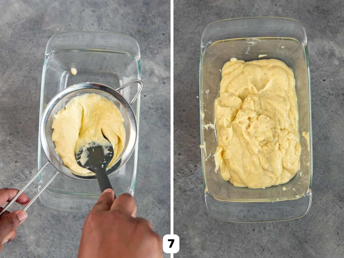 Cooked pastry cream placed in a sieve and passing through using a spatula, and a smooth, thick pastry cream in glass container.