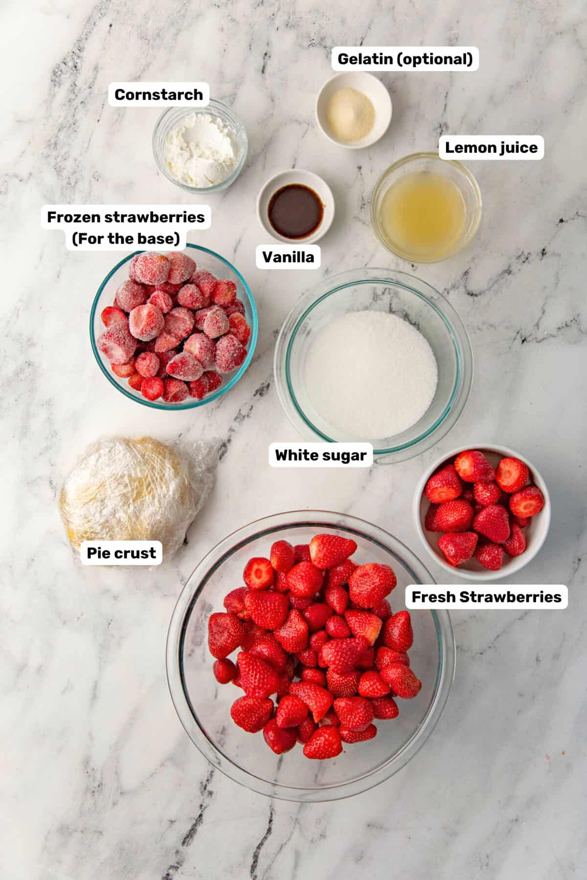 Labeled ingredients needed to make fresh strawberry pie without jello.