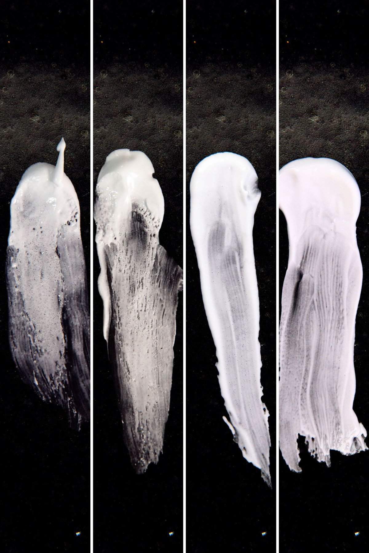 An image gallery of four images, showing the texture of meringue with undissolved to dissolved sugar, smeared on a black surface. The first image showing more gritty texture, and the last and fourth image showing a smooth meringue with no gritty texture.