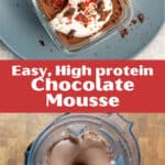 Tofu chocolate mousse in a small glass container and blending ingredients in a blender to make the mousse.