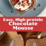 Tofu chocolate mousse in a small glass container and pouring the mousse into the glass container.