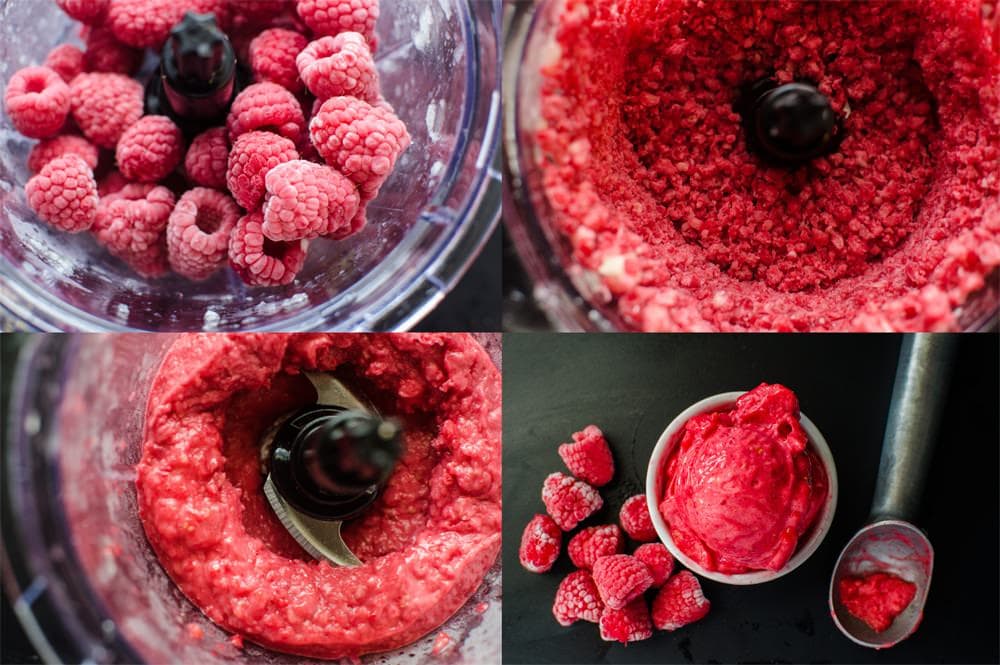 Step by step how to make Easy Raspberry Sorbet with just 3 ingredients! Perfect way to use up summer berries!
