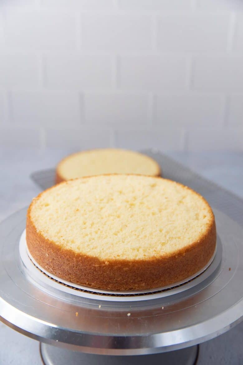 First cake layer placed on the cake board
