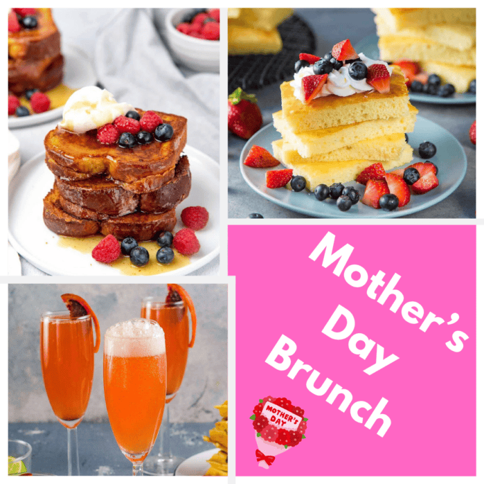 Stack of French toast and sheet pan pancakes and glasses of blood orange mimosa.