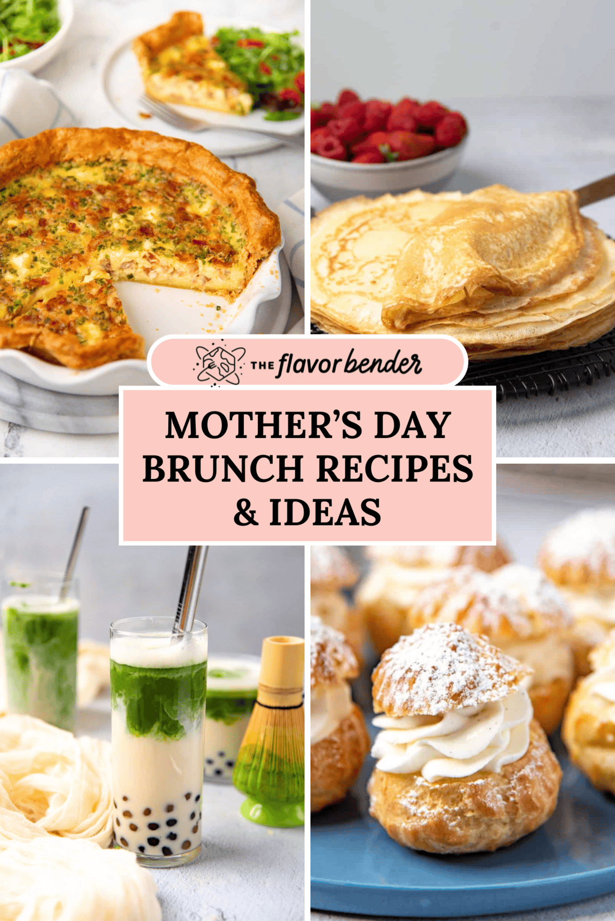 A quiche lorraine and a stack of French crepes and a glass of matcha latte and cream puffs on a plate.